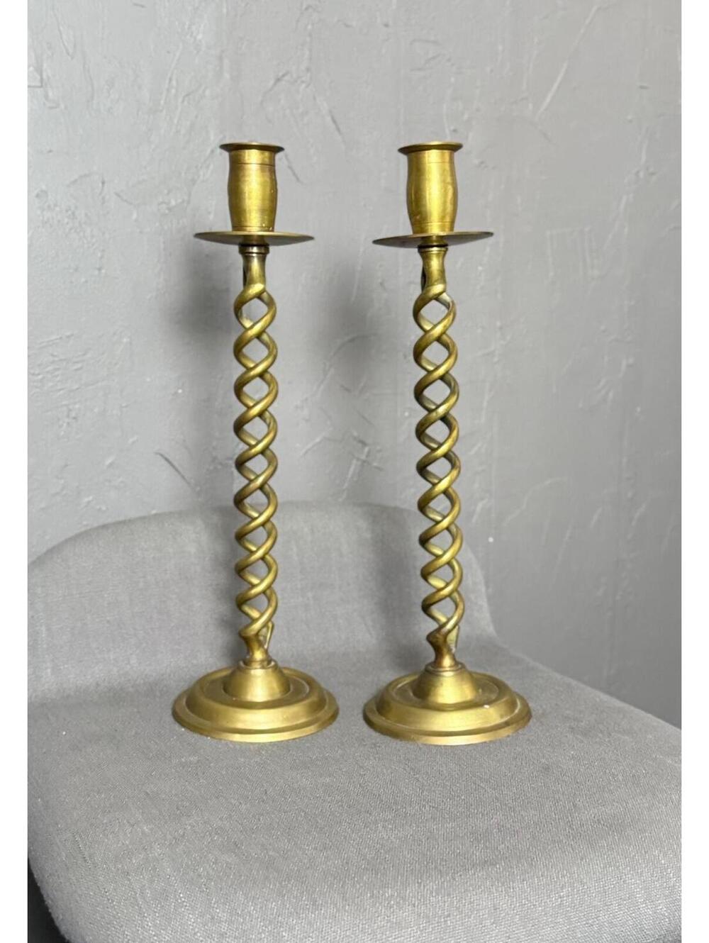 Antique Brass Barley Candlestick Holders 13-inch Set 1910's-20's Jacobean style